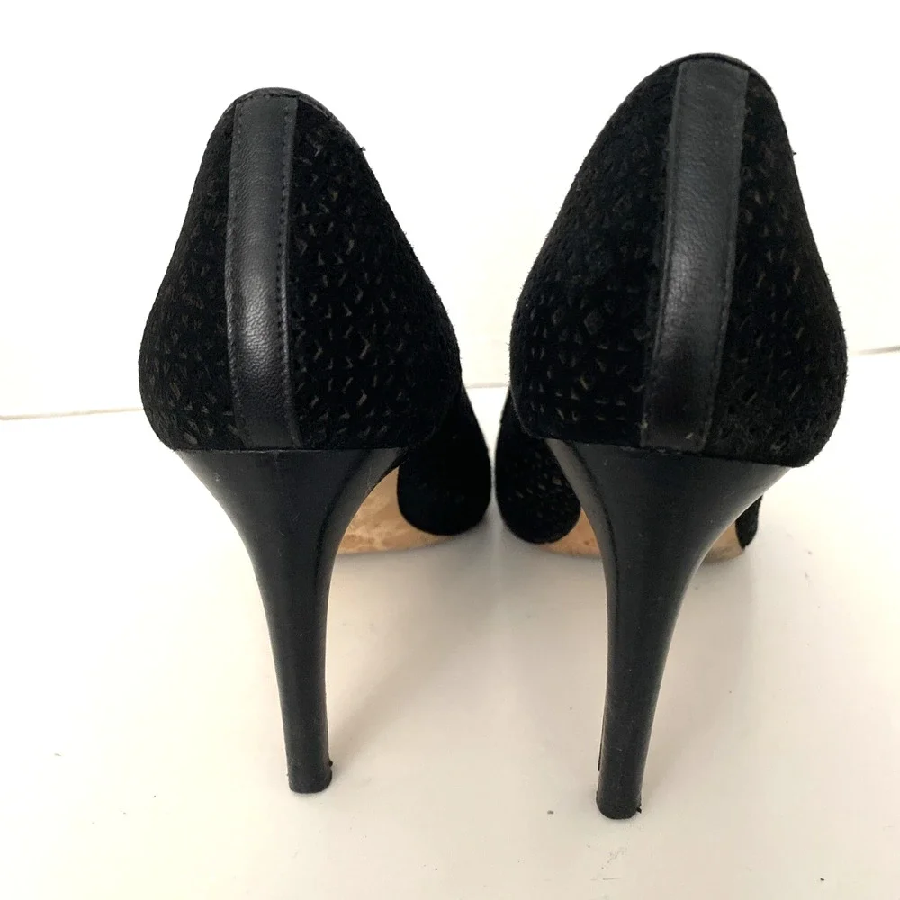 Tory Burch Elinor 90mm Pump Kid Suede Peep Toe Laser Cut Black Slim Heel 5.5